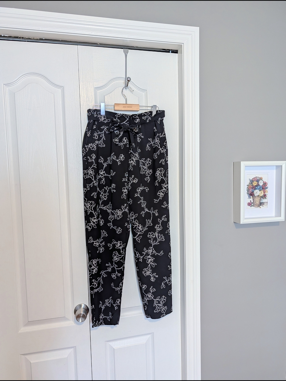 Black Floral-Print Paperbag Pants